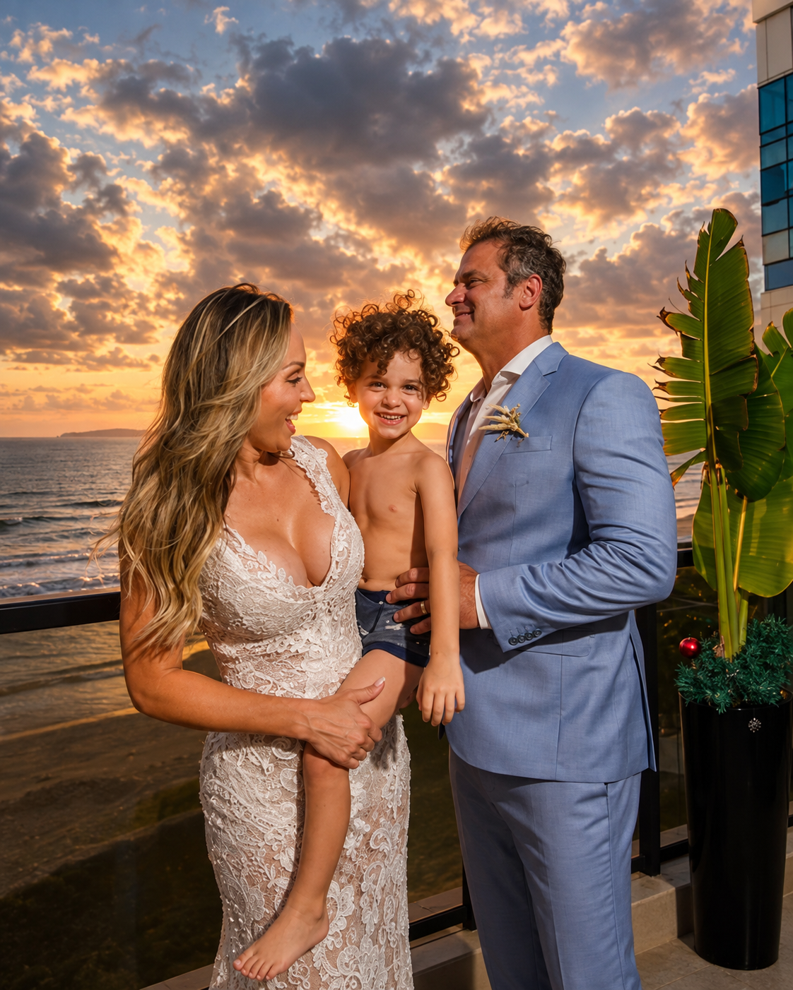 Érika, Marcus e o filho ao pôr do sol
